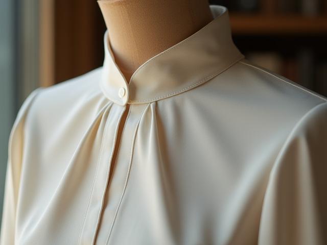 Detail image showcasing a tailored blouse neckline design