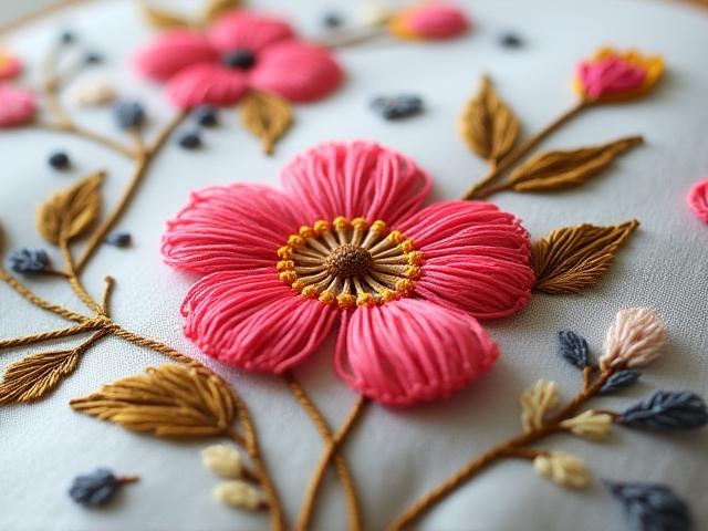 Close-up detail of intricate floral embroidery pattern on fabric