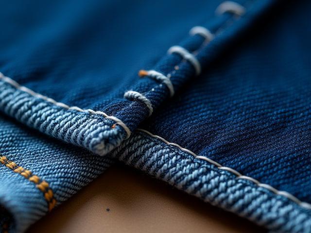 Close-up example of professional jeans hemming with original stitch detail